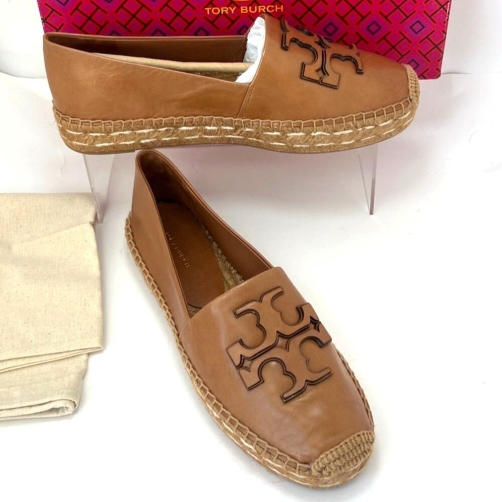 Tory Burch Women Ines Platform Tan Leather Espadrille With Logo Design Size 9